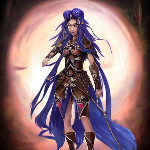 {{{long haired female warrior princess in ancient armor}}, 1girl, {{in style of genshin impact character art}, {dark color scheme}, strong body, large breasts, anime, waist up portrait, digital water colors, sharp focus, face focus, detailed face and eyes, by mika pikazo, simple solid color background, masterpiece, artstation
