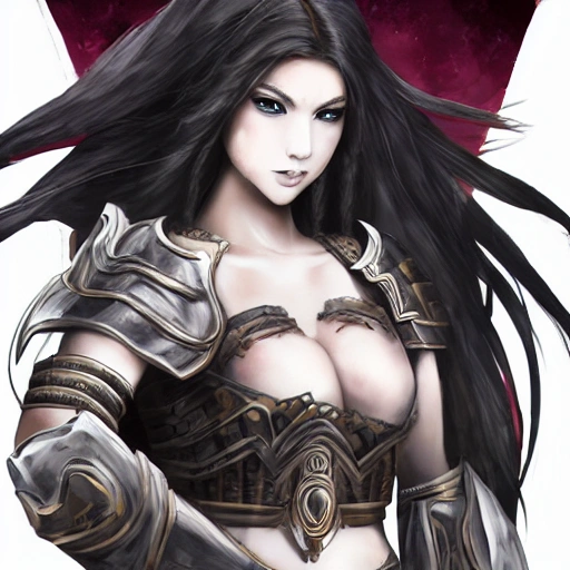 {{{long haired female warrior princess in ancient armor}}, 1girl, {{in style of genshin impact art}, {dark color scheme}, strong body, large breasts, anime, waist up portrait, digital water colors, sharp focus, face focus, detailed face and eyes, by mika pikazo, simple solid color background, masterpiece, artstation