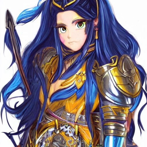 {{{long haired female warrior princess in ancient armor}}, 1girl, {{in style of genshin impact and mika pikazo}}, {vibrant color scheme}, strong body, busty body, anime, waist up portrait, digital water colors, sharp focus, face focus, detailed face and eyes, simple solid color background, masterpiece, artstation