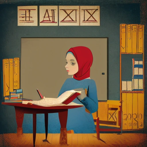 hijab girl relax in small classroom clutter no windows black board, 50's illustration , cyberpunk , lofi color , drawing by rembrandt