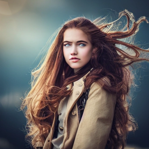 detailed, close up portrait of girl standing in a steampunk city with the wind blowing in her hair, cinematic warm color palette, spotlight, perfect symmetrical face