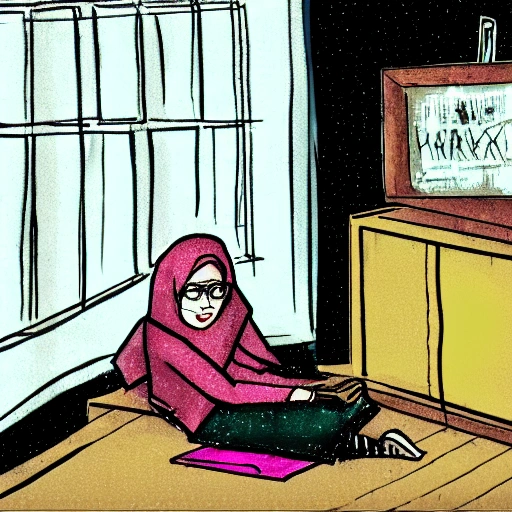 hijab girl relax in small classroom clutter no windows black board, 50's illustration , cyberpunk , lofi color , drawing by rembrandt, Water Color