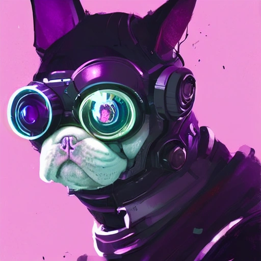 a beautiful portrait of a cute cyberpunnk frenchie by greg rutkowski and wlop, purple blue color scheme, high key lighting, digital art, highly detailed, fine detail, intricate, ornate, complex