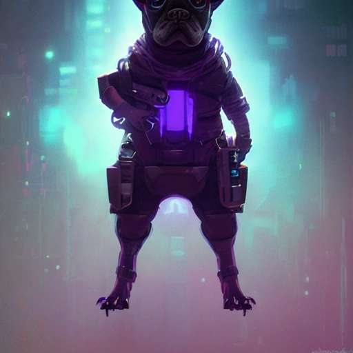 a beautiful portrait of a cute cyberpunk frenchie by greg rutkowski and wlop, purple blue color scheme, high key lighting, digital art, highly detailed, fine detail, intricate, ornate, complex