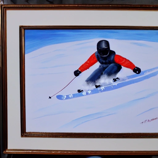 Oilpaining of a skiing frenchie