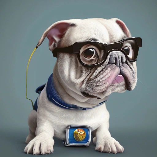 a beautiful portrait of a cute geek frenchie dog with cap , high key lighting, digital art, highly detailed, fine detail, intricate, ornate, complex, cosmonaut, painting a canvas, cute, pixar, octane render, clean design, beautiful light , Cartoon