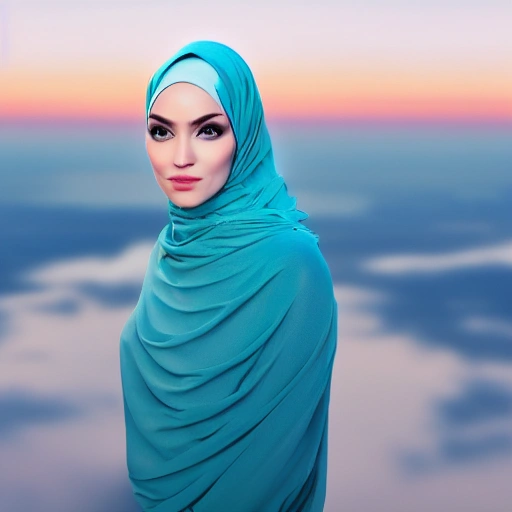 a fantasy hijab girl skyline across the horizon, gradient teal sky at twilight, a beautiful superimposed hijab