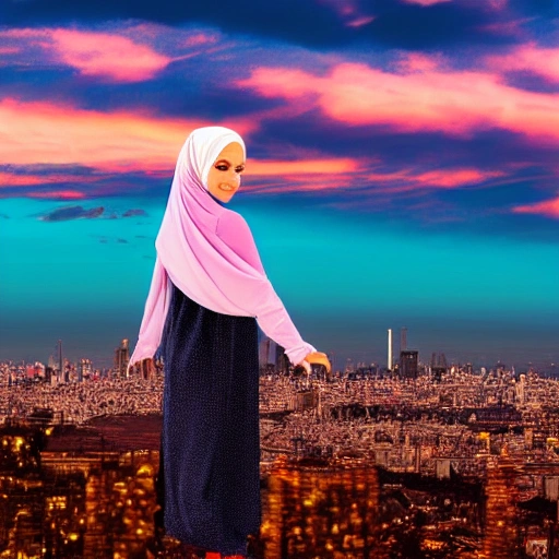 a fantasy hijab girl skyline across the horizon, gradient teal sky at twilight, a beautiful superimposed hijab girl