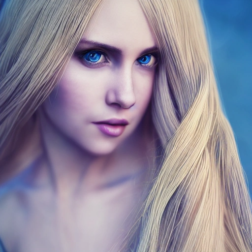 ultra realistic full portrait of a real perfect beautiful blonde female, long dress, fantasy, very gorgeous, beautiful, mysterious and powerful woman, long hair, deep blue eyes, a sense of undeniable beauty, sharp focus, detailed, realistic illustration, 4k, 8k, , 3D