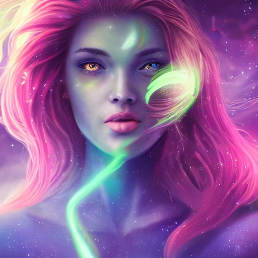 ultra realistic full frontal face portrait of a real perfect beautiful space galaxy warrior, gorgeous, beautiful, powerful woman, long hair, a sense of undeniable beauty, sharp focus, detailed, realistic illustration, sharp focus, elegant, vibrant, Aurora lighting, highly detailed illustration, dreamy magical atmosphere, 4k, 8k, , 3D