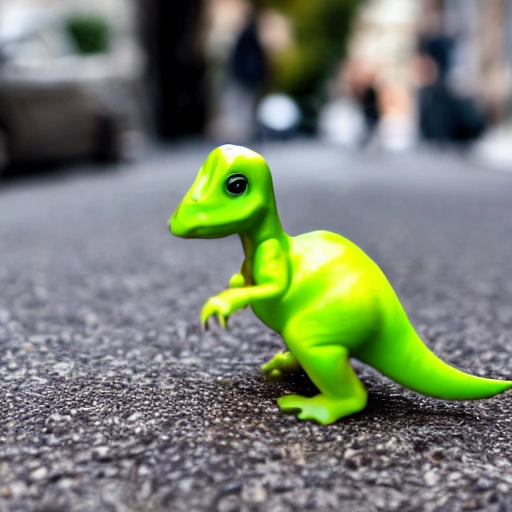 mini dinosaur with a suit in a street and the background blurred