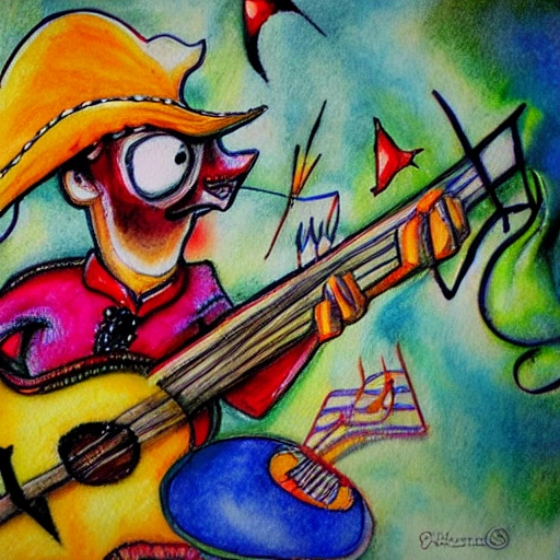 Pirata con una guitarra encima de.un cangrejo, Trippy, Cartoon, Pencil Sketch, Oil Painting, Water Color, 3D