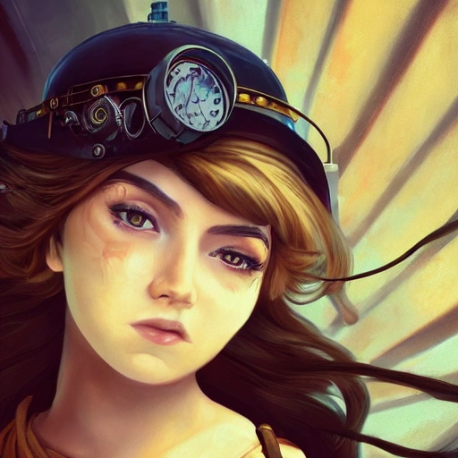 detailed, close up portrait of girl standing in a steampunk city with the wind blowing in her hair, cinematic warm color palette, spotlight, perfect symmetrical face, Oil Painting