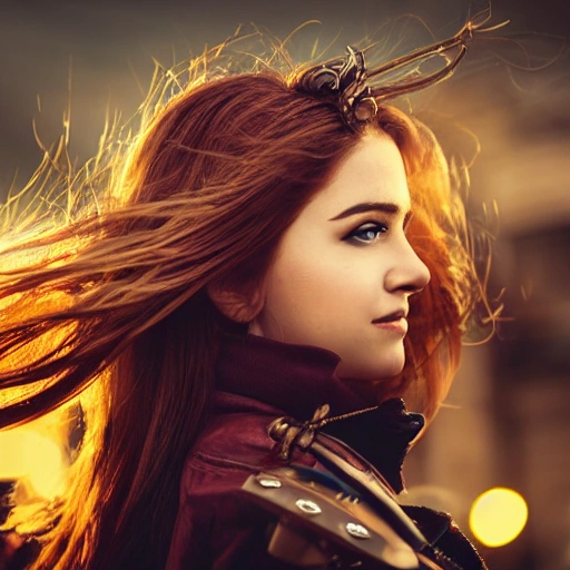 detailed, close up portrait of girl standing in a steampunk city with the wind blowing in her hair, cinematic warm color palette, spotlight
