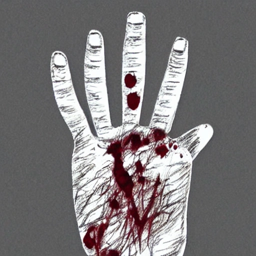 Nail puncturing palm of hand, blood, 5 fingers, front, behind, Pencil Sketch