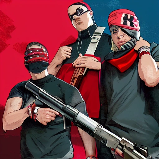 Hyper realistic 4k wallpaper of two blood gang members with red bandannas wearing ski mask holding guns standing in urban neighborhood in the style of GTA loading screen 