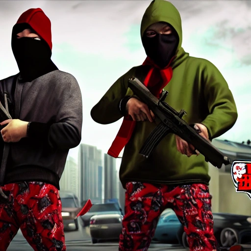 Hyper realistic 4k wallpaper of two blood gang members with red bandannas wearing ski mask holding guns standing in urban neighborhood in the style of GTA loading screen 