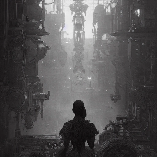 a highly detailed digital image of an imagination machine, concept art, art station, society, very detailed, intricate, detailed illustration, by greg rutkowski and alphonse mucha, Paul Lehr and Beeple, minimize, black an white, masterpiece, Pencil Sketch