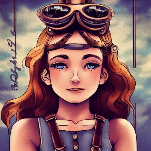detailed, close up portrait of girl standing in a steampunk city with the wind blowing in her hair, cinematic warm color palette, spotlight, perfect symmetrical face, Cartoon