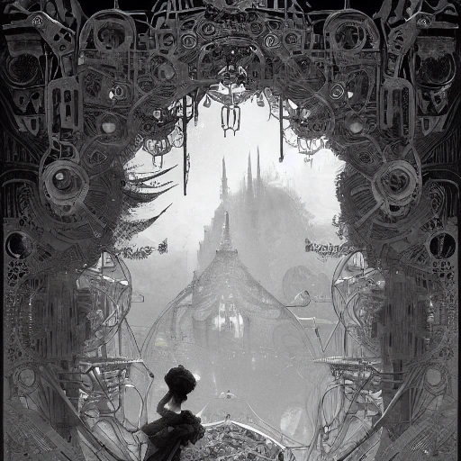 a highly detailed digital image of an imagination machine, concept art, art station, society, very detailed, intricate, detailed illustration, by greg rutkowski and alphonse mucha, Paul Lehr and Beeple, minimize, black an white, masterpiece, Pencil Sketch