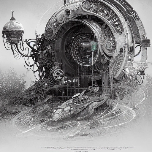 a highly detailed digital image of an imagination machine, concept art, art station, society, very detailed, intricate, detailed illustration, by greg rutkowski and alphonse mucha, Paul Lehr and Beeple, minimize, black an white, masterpiece, no background, machine, Pencil Sketch