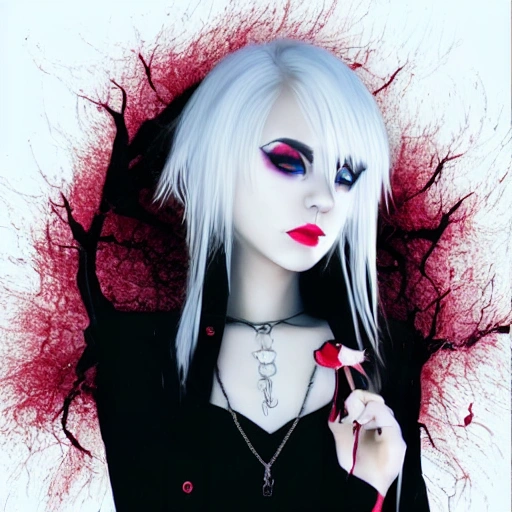 Goth, Girl, White Hair, Red Iris