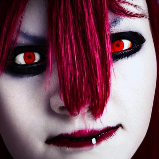 Close up portrait of a goth girl with red eyes and white hair