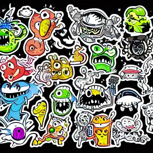 vector, sticker, many monsters, doodle art style, colorful,  white background