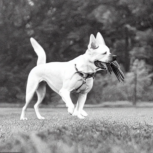 Visualize a powerful dog in the midst of an important historical moment, displaying their skill and bravery as they make a decisive move that will change the course of history