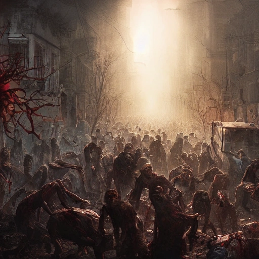 painting Detailed and intricate depiction of a zombie apocalypse, masterfully capturing the chaos and drama of the scene. Beautiful lighting and cinematic composition make this piece a true masterpiece, trending on artstation
