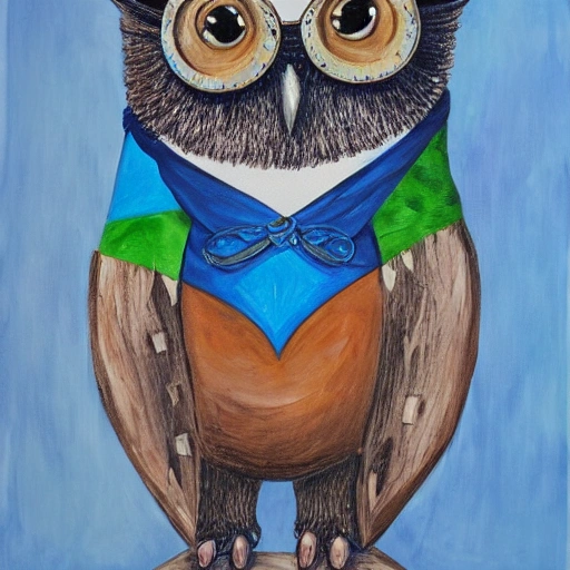 painting of a professor owl, epic style, representing knowledge in blue and silver colors