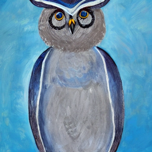 painting of a professor owl, epic style, representing knowledge in blue and silver colors, Oil Painting