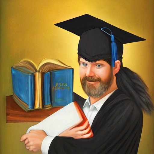 painting that represents an owl professor, with book in hand with cap and gown, with cinematographic light 4k quality in the background a blackboard