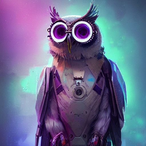 a beautiful portrait of a cute cyberpunk owl by greg rutkowski and wlop, purple blue color scheme, high key lighting, digital art, highly detailed, fine detail, intricate, ornate, complex