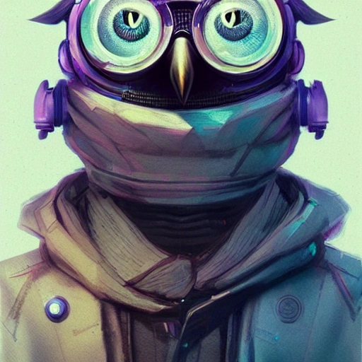 a beautiful portrait of a cute cyberpunk owl professor  by greg rutkowski and wlop, purple blue color scheme, high key lighting, digital art, highly detailed, fine detail, intricate, ornate, complex, Pencil Sketch, Water Color