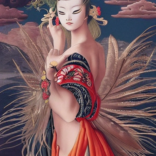 mdjrny-v4 style Botticelli's Venus, young beautiful nativeJapanese Kabuki woman, perfect symmetrical face, feather jewelry, traditional handmade dress, armed female hunter warrior, (((wild west))) environment, tibet landscape, ultra realistic, concept art, elegant, ((intricate)), ((highly detailed)), depth of field, ((professionally color graded)), 8k, art by artgerm and greg rutkowski and alphonse mucha