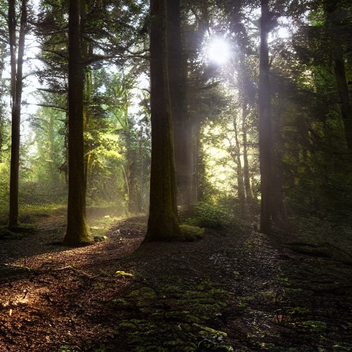 A beam of light shone into the dark forest