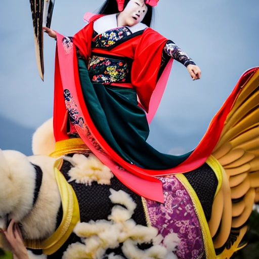 A Japanese Kabuki woman riding on the back of an eagle, green lighting, Canon 1DX Mark III, Canon EF 85mm f/1.4 L IS USM Lense, shutter speed 1/125 ,aperture f/11.0, ISO 100, 8k, HD, cinematography, photorealistic, epic composition Unreal Engine, Cinematic, Color Grading, portrait Photography, Ultra-Wide Angle, Depth of Field, hyper-detailed, beautifully color-coded, insane details, intricate details, beautifully color graded, Unreal Engine, Cinematic, Color Grading, Editorial Photography, Photography, Photoshoot, Depth of Field, DOF, Tilt Blur, White Balance, 32k, Super-Resolution, Megapixel, ProPhoto RGB, VR, Halfrear Lighting, Backlight, Natural Lighting, Incandescent, Optical Fiber, Moody Lighting, Cinematic Lighting, Studio Lighting, Soft Lighting, Volumetric, Contre-Jour, Beautiful Lighting, Accent Lighting, Global Illumination, Screen Space Global Illumination, Ray Tracing Global Illumination, Optics, Scattering, Glowing, Shadows, Rough, Shimmering, Ray Tracing Reflections, Lumen Reflections, Screen Space Reflections, Diffraction Grading, Chromatic Aberration, GB Displacement, Scan Lin