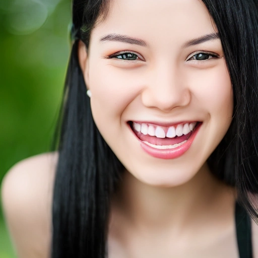 This beautiful girl is smiling in the photo, showcasing her sincere and friendly qualities. Her black hair framing her face gives her a soft and feminine look. Her smile is a ray of sunshine, bringing joy to everyone around. She looks happy and is enjoying the moment. This photo shows her mysterious and charming character., Detailed and Intricate