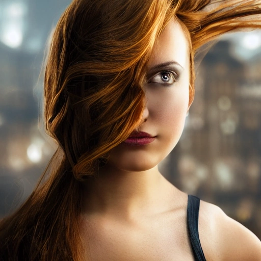 detailed, close up portrait of girl standing in a steampunk city with the wind blowing in her hair, cinematic warm color palette, spotlight, perfect symmetrical face