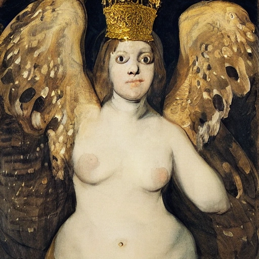 OWL with gold crown, art by Paolo Uccello, art by Jenny Saville, glamor shot, art by Francisco De Goya, furry, gustav dore