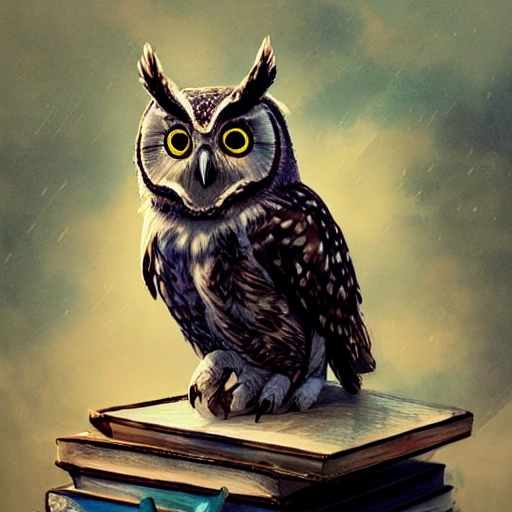 a beautiful portrait of a cute owl PERCHED ON BOOKS cyberpunk by greg rutkowski and wlop, purple blue color scheme, high key lighting, digital art, highly detailed, fine details, intricate, ornate, complex, Pencil Drawing, Water Color