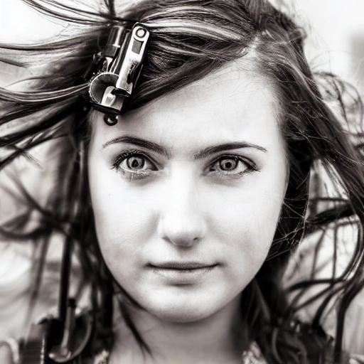 detailed, close up portrait of girl standing in a steampunk city with the wind blowing in her hair, cinematic warm color palette, spotlight, perfect symmetrical face