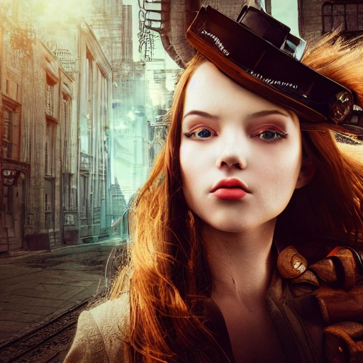 detailed, close up portrait of girl standing in a steampunk city with the wind blowing in her hair, cinematic warm color palette, spotlight, perfect symmetrical face, Trippy