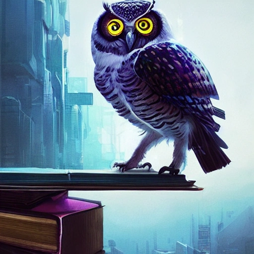 a beautiful portrait of a cute owl PERCHED ON BOOKS cyberpunk by greg rutkowski and wlop, purple blue color scheme, high key lighting, digital art, highly detailed, fine details, intricate, ornate, complex, , Oil Painting