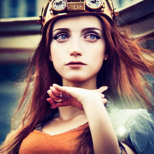 detailed, close up portrait of girl standing in a steampunk city with the wind blowing in her hair, cinematic warm color palette, spotlight, perfect symmetrical face, , 3D