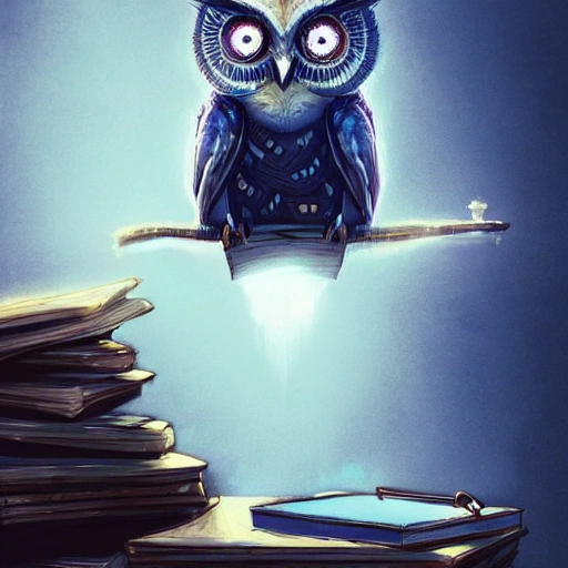 a beautiful portrait of a cute owl PERCHED ON BOOKS cyberpunk by greg rutkowski and wlop, purple blue color scheme, high key lighting, digital art, highly detailed, fine details, intricate, ornate, complex, , Trippy