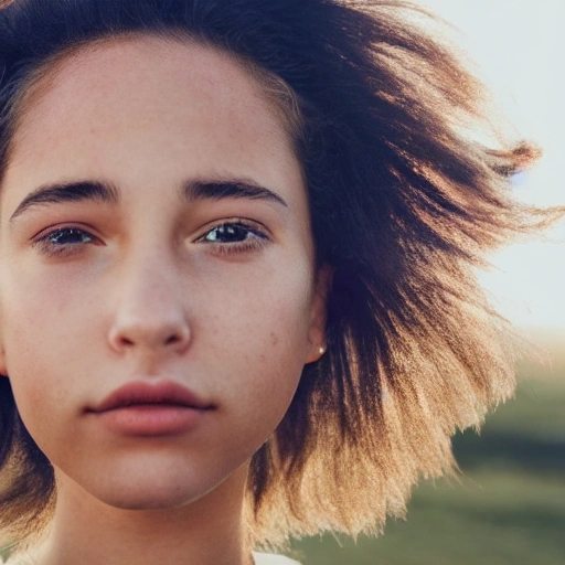 detailed, close up portrait of girl standing in  with the wind blowing in her hair,  spotlight, perfect symmetrical face, 