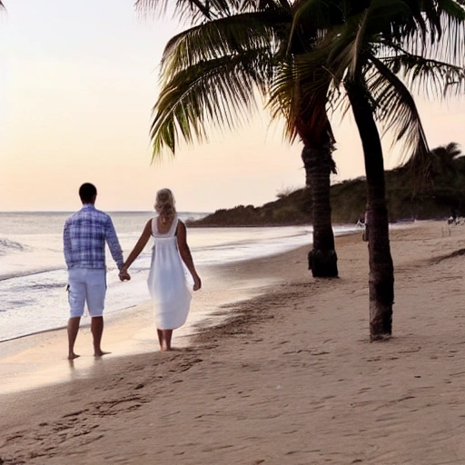 pareja de novios paseando por la playa agarrados de la mano en un atardecer 
