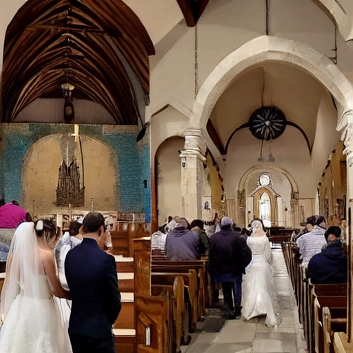 primer plano de una pareja de novios enamorados mirandose antes de su boda, en una iglesia antigua y con las manos agarradas